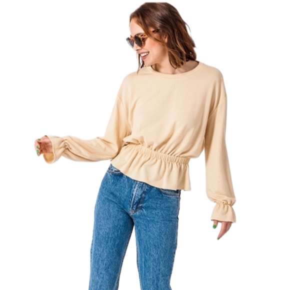 NWT Puffy Sleeve Elasticized Waist Cream Blouse, S - Picture 1 of 6